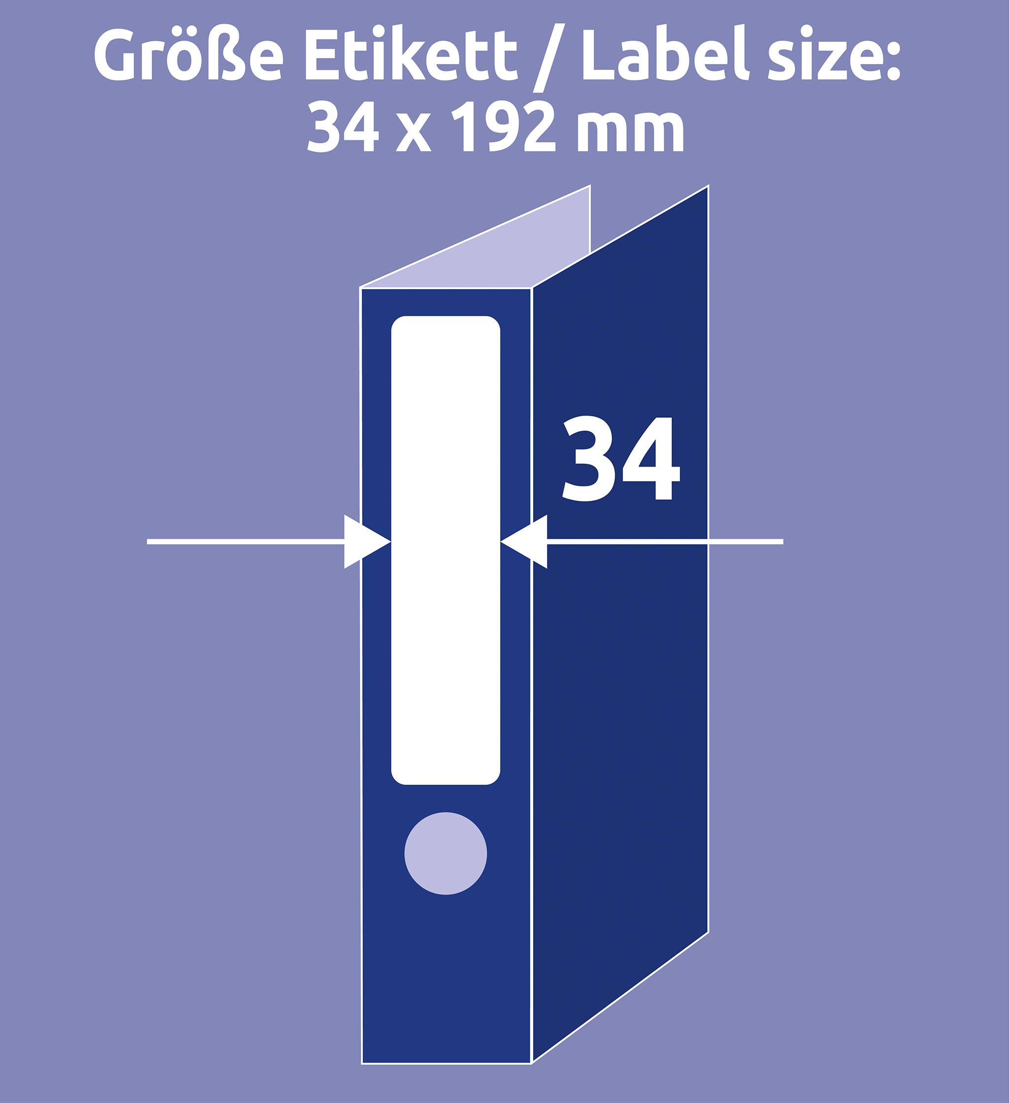 Une étiquette de classeur bleue de dimensions 34 x 192 mm est présentée.