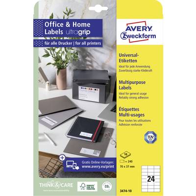 Étiquettes de bureau et de maison Avery Zweckform, adaptées à tous les types d'imprimantes. Contient 240 étiquettes sur 10 feuilles, format 70x37 mm.