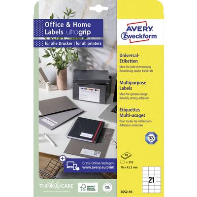 Emballage pour étiquettes universelles Avery Zweckform, idéales pour imprimantes jet d'encre et laser. Contient 210 étiquettes au format 70 x 42,3 mm.