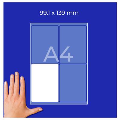 Le graphique montre un format A4 : 99,1 x 139 mm, avec une zone marquée et une main comme comparaison de taille.