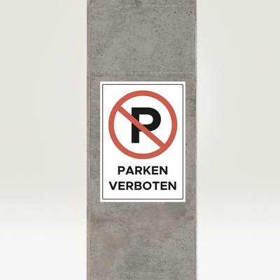 Colonne en béton avec panneau 'Stationnement interdit', symbole rouge avec un P barré.