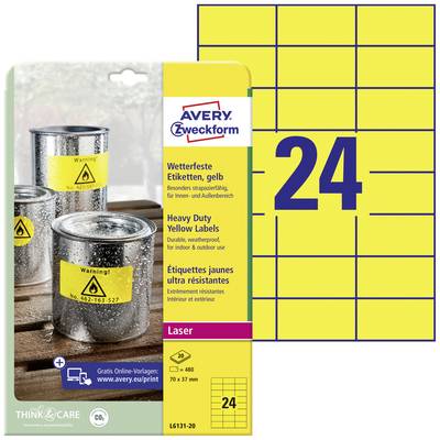 Etiquette plastique Avery-Zweckform L6131-20 70 x 37 mm film de polyester jaune 480 pc(s) fixation permanente 
