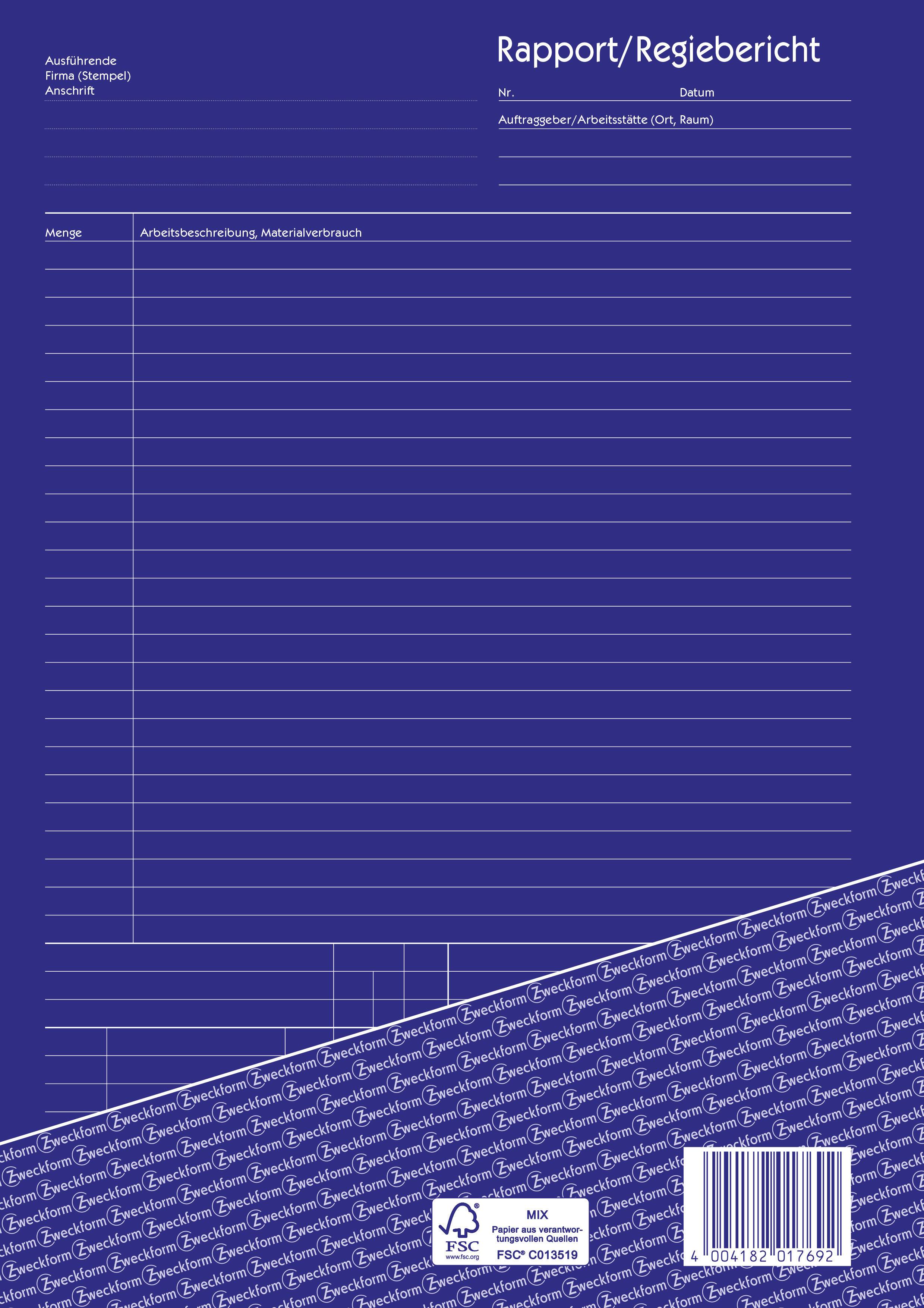 Formulaire de 'Rapport/Compte-rendu de régie' en bleu. Comprend des champs pour les détails du projet, les étapes de travail et la consommation de matériaux.