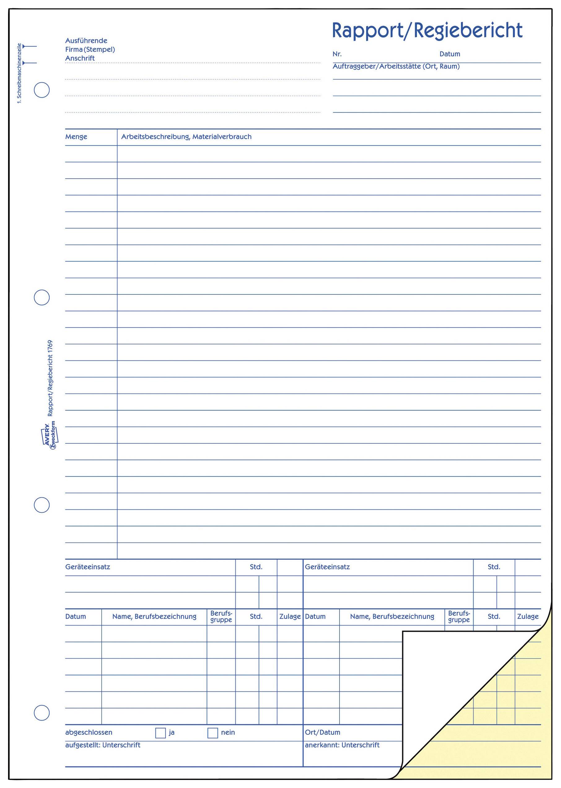 Formulaire vide avec l'en-tête 'Rapport/Compte-rendu de régie'. Zones pour description des travaux, consommation de matériaux et signatures.