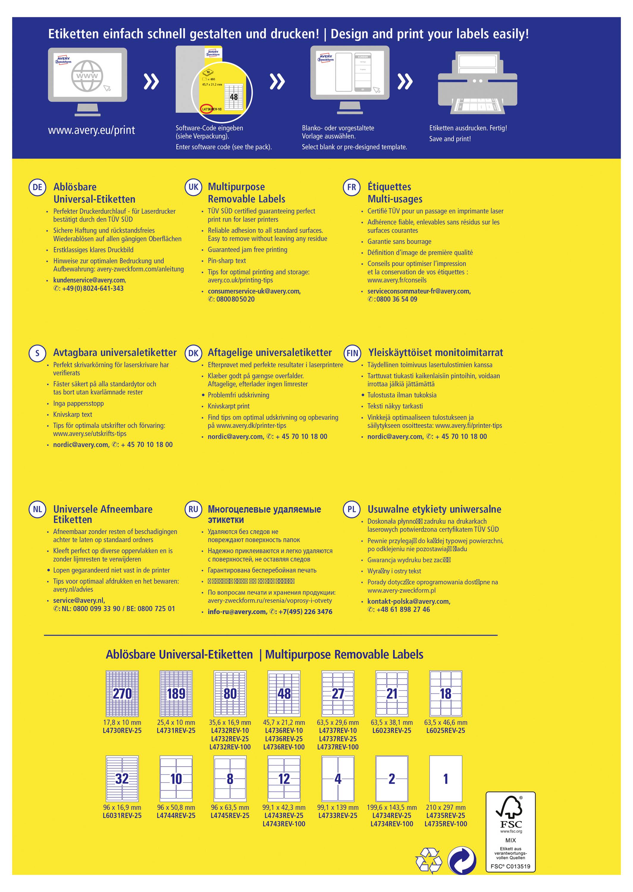 Une infographie de produit multilingue pour l'impression d'étiquettes, montrant les étiquettes Avery en plusieurs langues avec des icônes, des types de produits, des tailles et une grille de modèles d'étiquettes en bas.