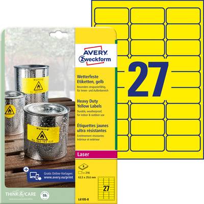   Avery-Zweckform  L6105-8  Etiquette ultra-résistantes  63.5 x 29.6 mm  film de polyester  jaune  216 pc(s)  fixation p