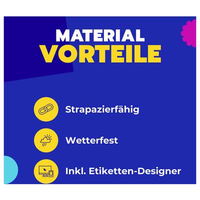 Infographie « Avantages du matériau » avec trois points : robuste, résistant aux intempéries et incluant le concepteur d'étiquettes.