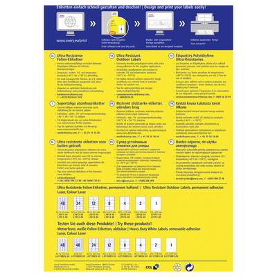 Affiche publicitaire pour les produits d'impression d'étiquettes Avery, présentant six types d'étiquettes ultra-résistantes avec descriptions multilingues et exemples d'étiquettes sur fond jaune.