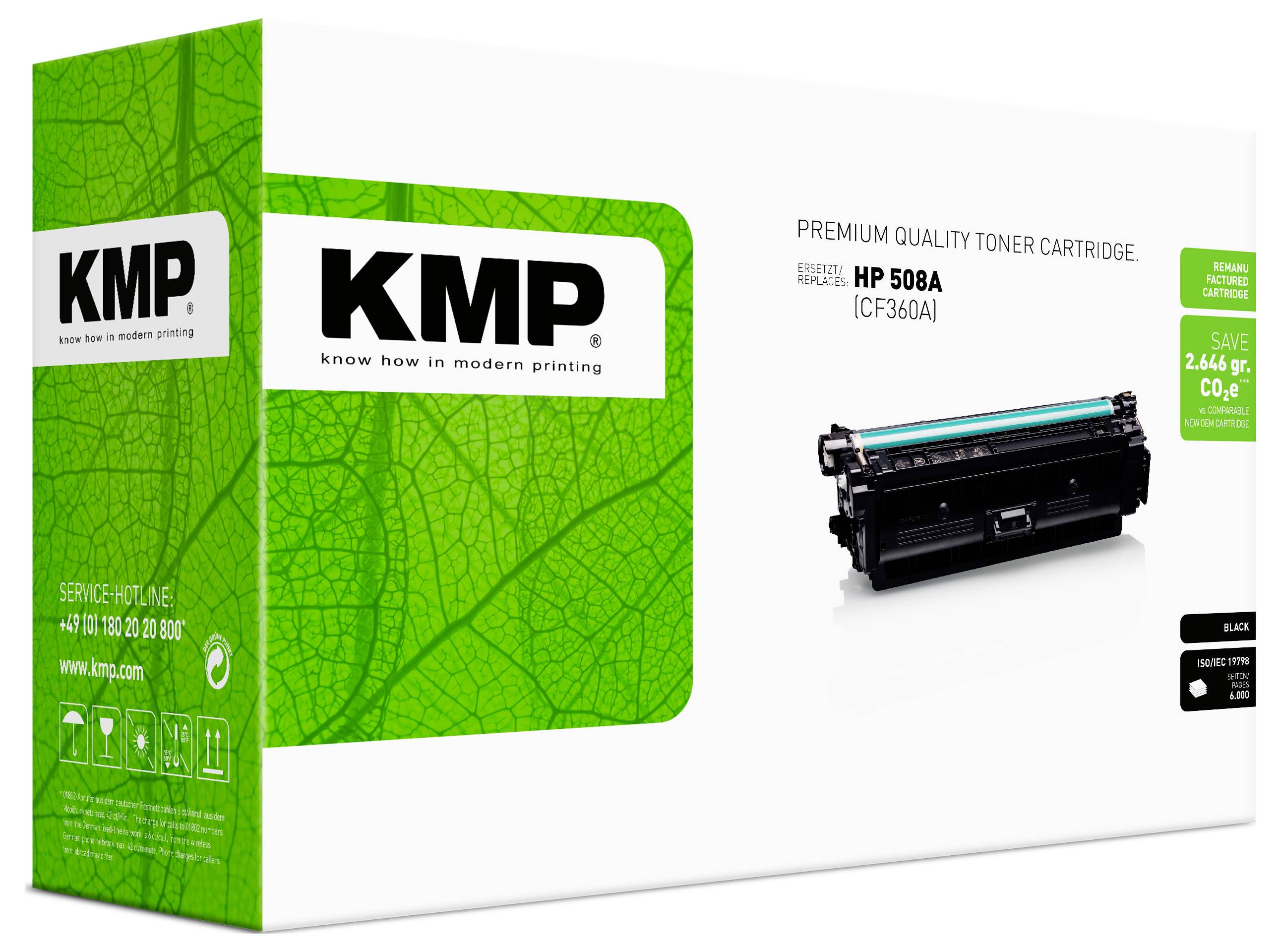 Emballage de cartouche de toner de qualité premium KMP pour HP 508A (CF360A), avec boîte de style écologique vert et image de cartouche.