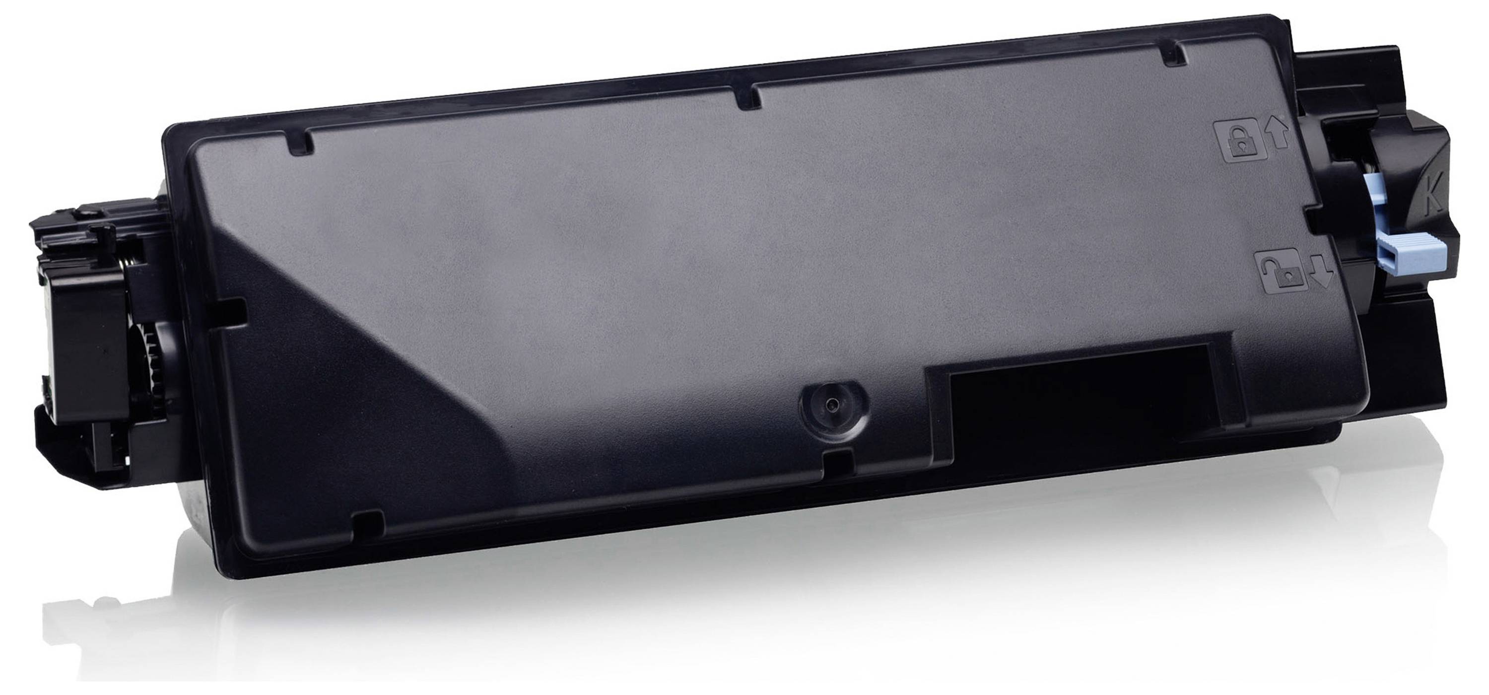 Cartouche de toner d'imprimante noire présentée sur un fond blanc, légèrement inclinée vers la droite avec un loquet bleu à une extrémité.