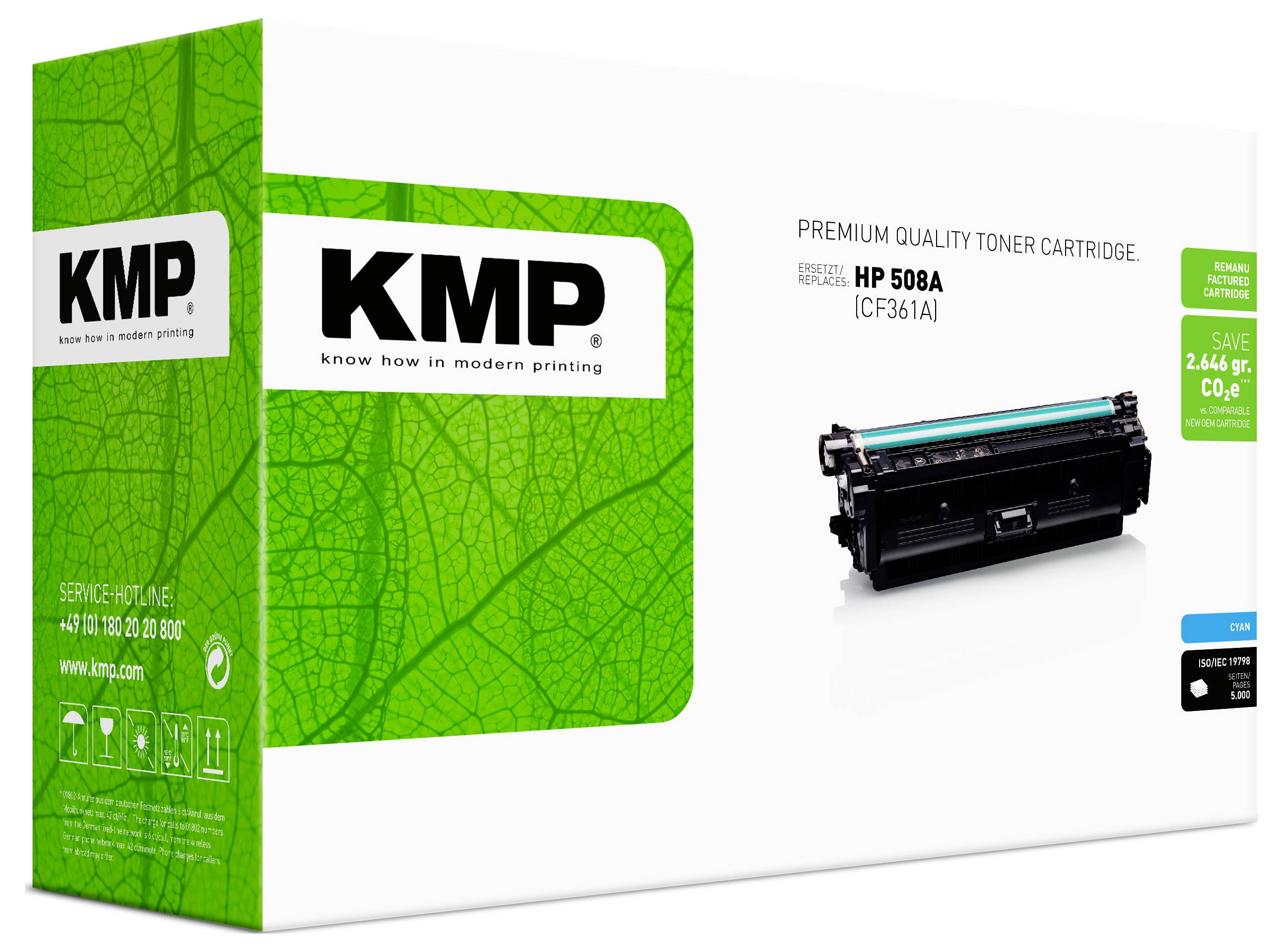 Emballage de cartouche de toner de qualité premium KMP pour HP 508A (CF361A), montré avec l'image de la cartouche sur une boîte blanche.