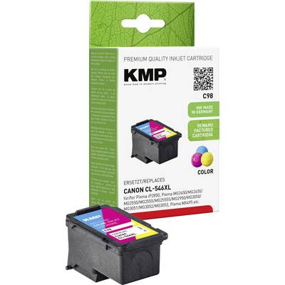 Cartouche d'encre KMP C98 pour Canon CL-546XL, couleur. La description présente l'emballage avec l'image de la cartouche et un code QR, 'Fabriqué en Allemagne'.