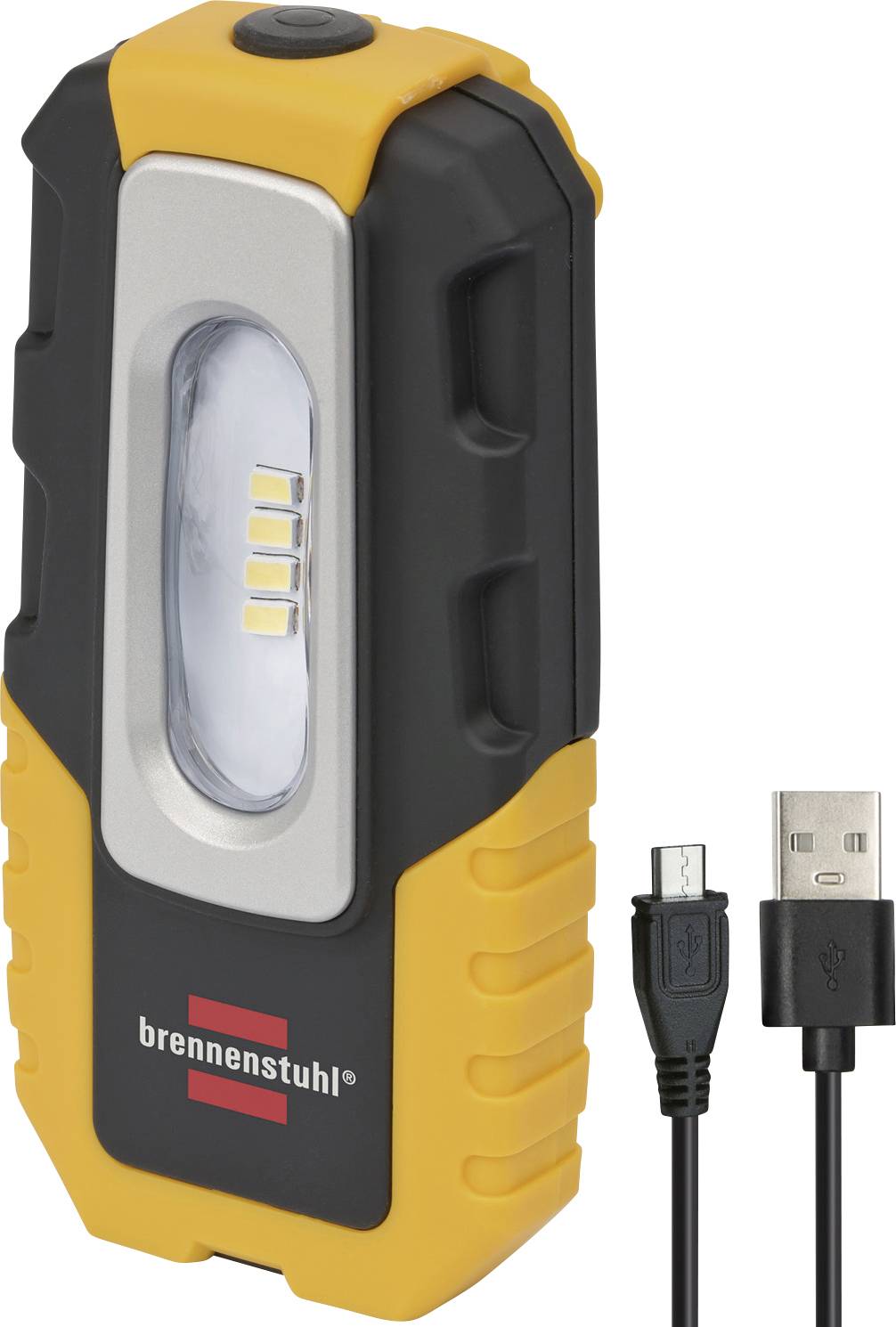 Lampe de travail portable Brennenstuhl avec câble de charge USB, présentée en noir et jaune avec un panneau LED central.