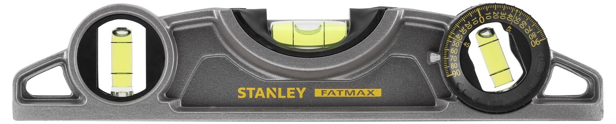 Niveau Stanley FatMax à trois bulles pour mesures horizontales et verticales, adapté pour l'alignement précis des surfaces.