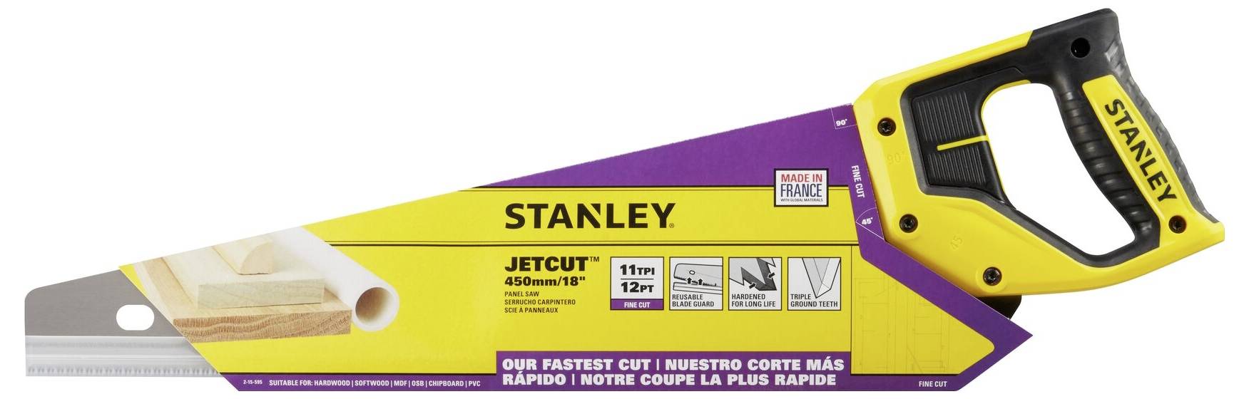 Scie à main jaune Stanley, modèle 'JetCut' pour les travaux sur bois. L'emballage présente un tas de bois et décrit la rapidité de coupe.