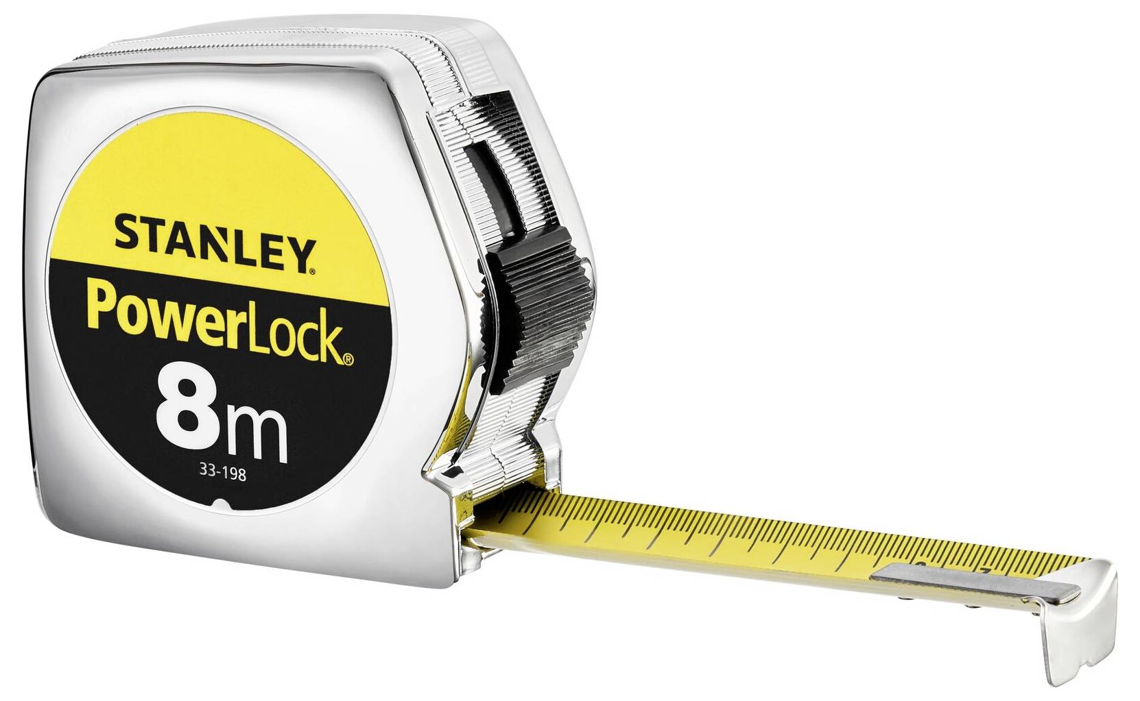 Un ruban à mesurer argenté avec une étiquette jaune et noire. Inscription : « Stanley PowerLock 8m ». Le ruban se déploie.