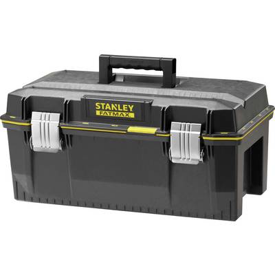 'Boîte à outils noire avec des accents jaunes et l'inscription "Stanley Fatmax" sur le couvercle. Deux fermoirs argentés à l'avant.'