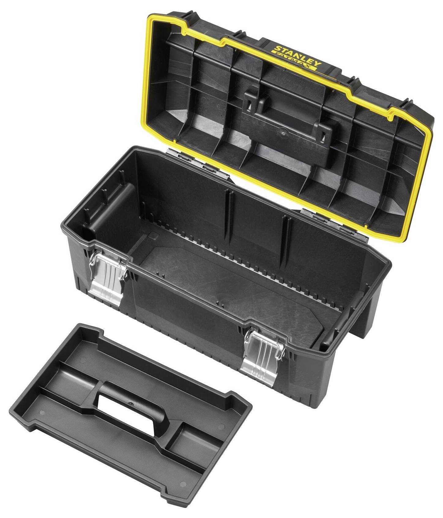 Une boîte à outils noire ouverte avec des accents jaunes. Le couvercle est retiré, révélant plusieurs compartiments à l'intérieur.