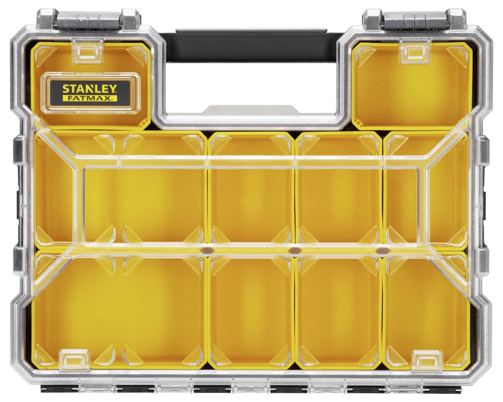 Boîte à outils jaune avec poignée noire et couvercle transparent. Dix compartiments de rangement. Marque 'Stanley Fatmax'.