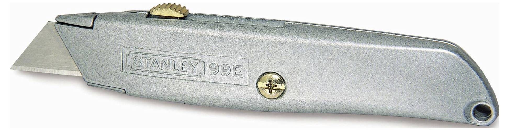 Un couteau à tapis argenté avec une lame tranchante et une molette de réglage. Le boîtier porte l'inscription 'STANLEY 99E'.