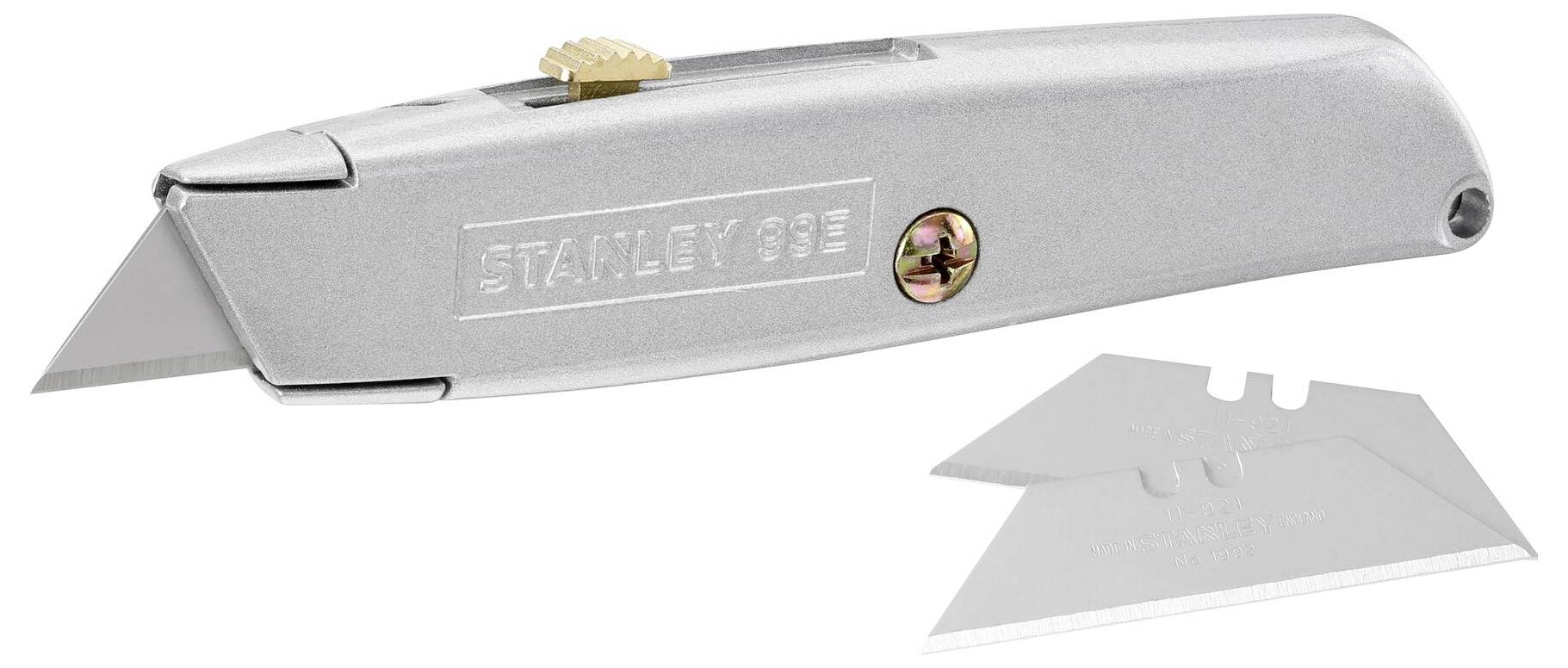 Couteau universel argenté avec lame interchangeable, manche portant l'inscription "Stanley 99E". Comprend une lame de rechange à côté.