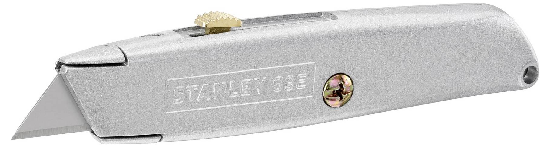 Un couteau multifonction argenté avec une lame rétractable et un mécanisme à vis pour le verrouillage de la lame. Nom du modèle : 'Stanley 99E'.