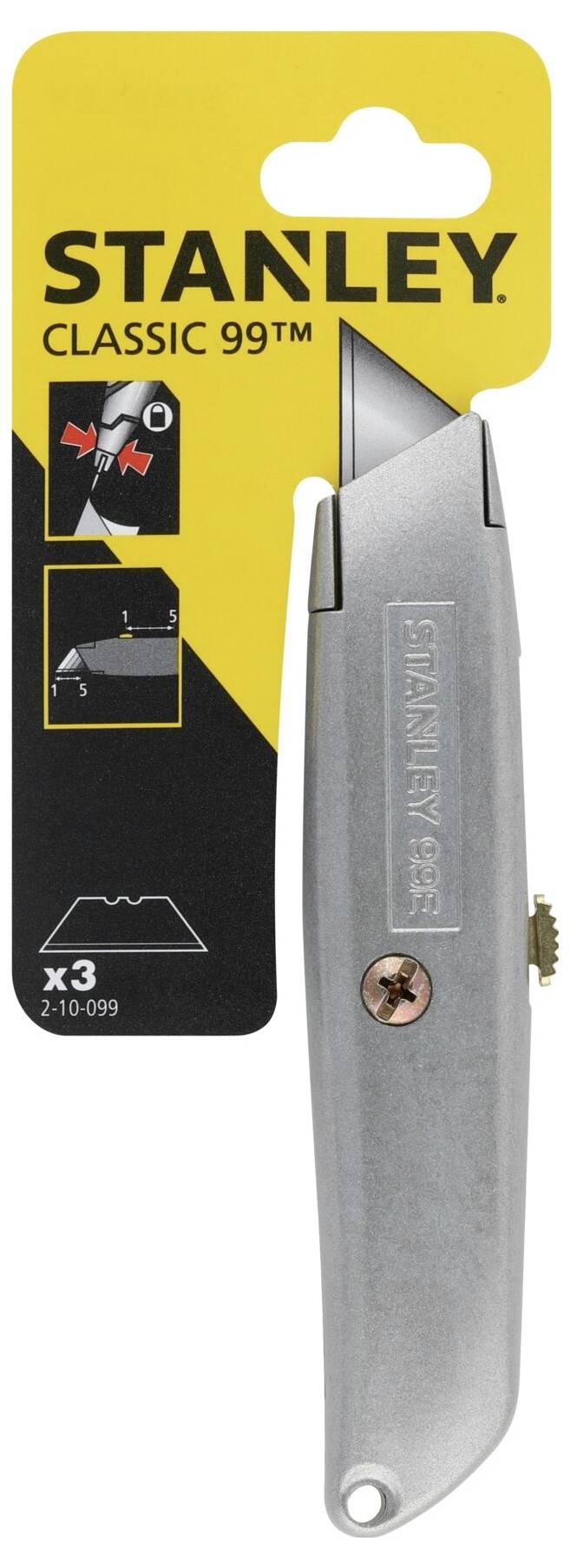 Un couteau universel Stanley Classic 99 argenté avec un emballage jaune et noir. Montre les lames de rechange et le mécanisme d'ouverture.