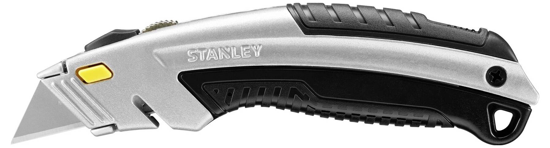 Un cutter argenté avec un manche noir et des touches jaunes, portant la marque 'Stanley', est posé sur le côté.