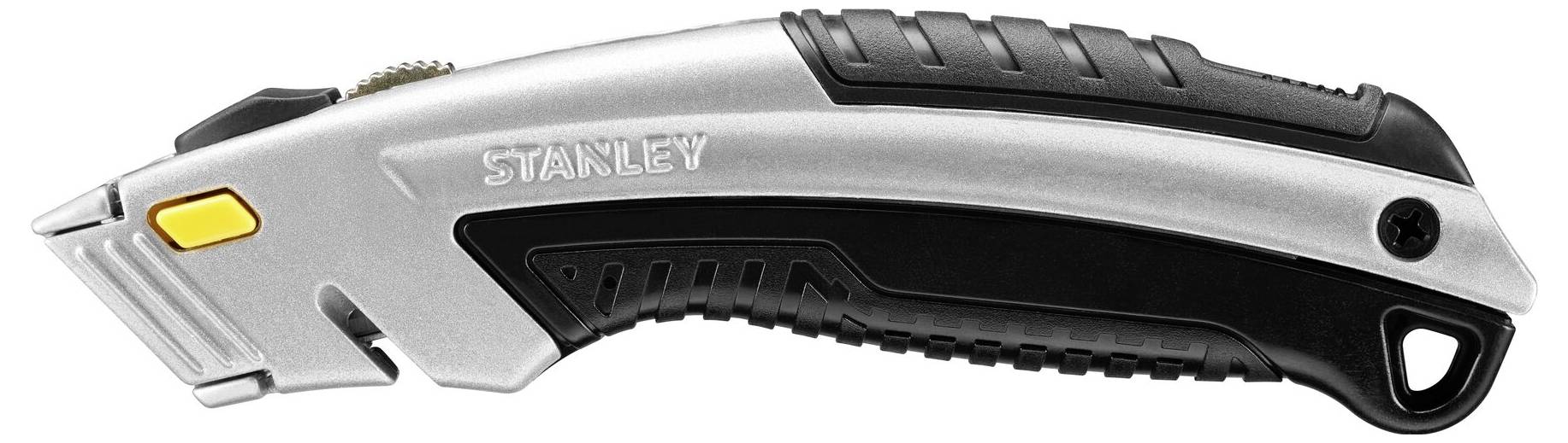 Un couteau utilitaire argent et noir avec une poignée ergonomique et une lame. Le mot 'Stanley' est gravé sur le couteau.