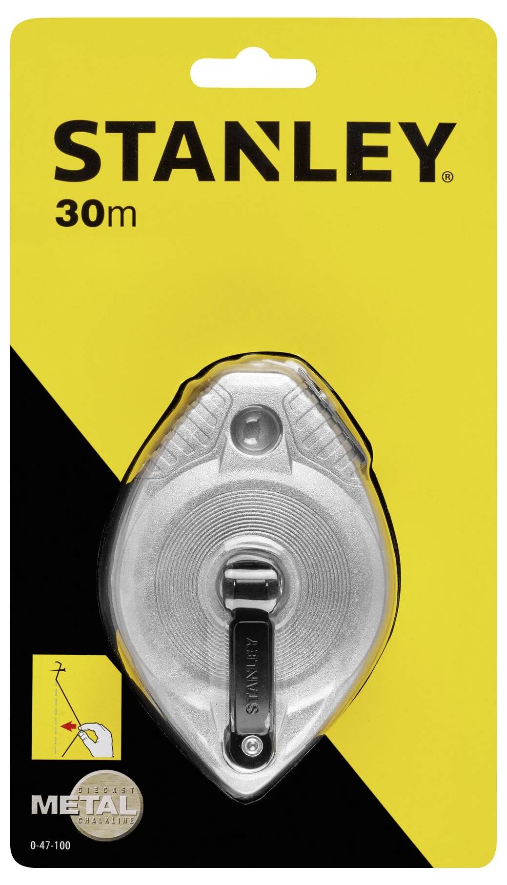 Stanley Messband 30m en emballage, fond jaune.