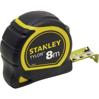 Un mètre ruban noir et jaune portant l'inscription 'Stanley Tylon 8m'.
