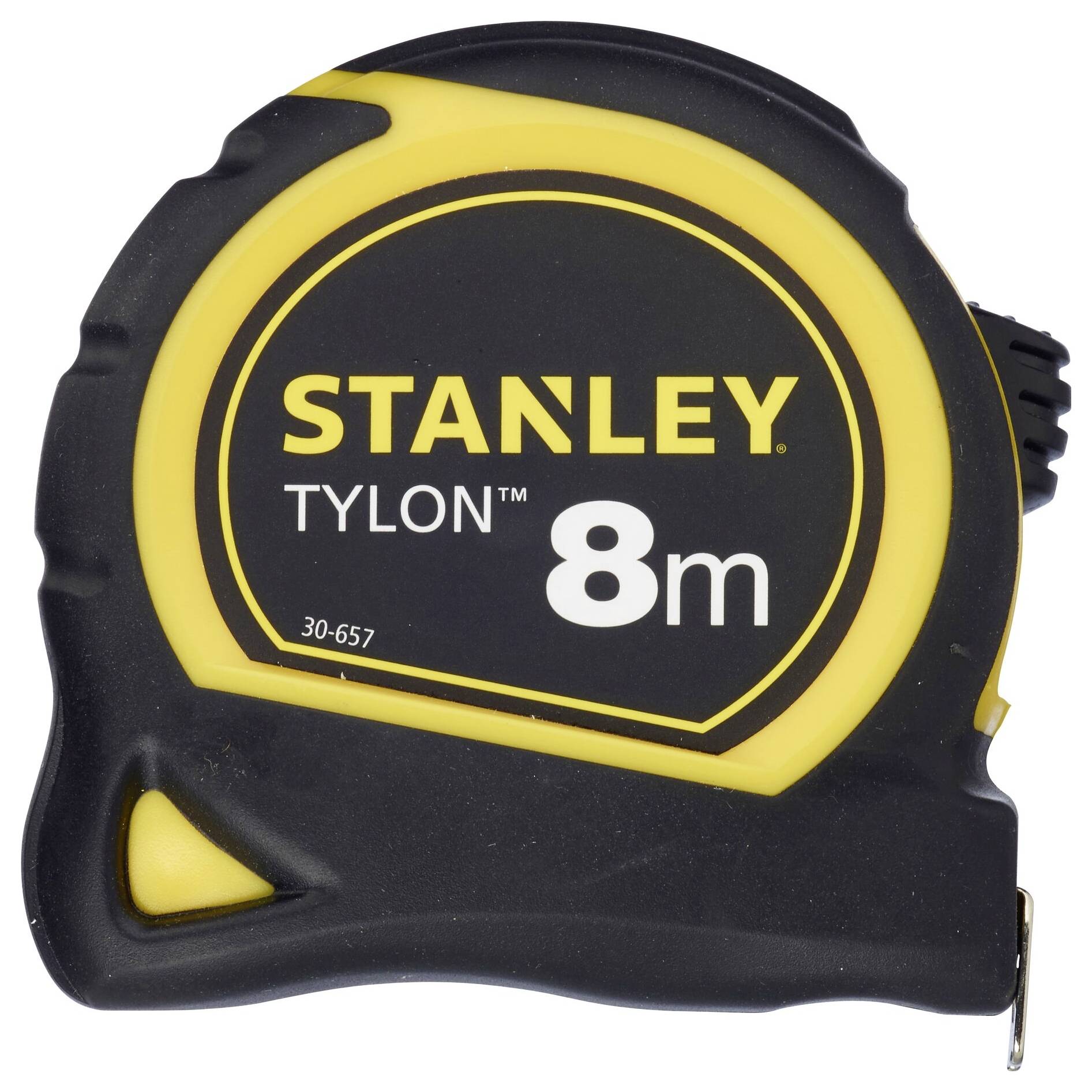 Mètre ruban noir et jaune de la marque 'Stanley Tylon', mesurant jusqu'à 8 mètres.