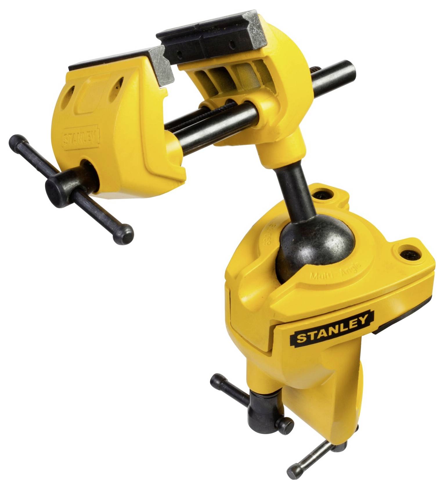 Étau jaune avec logo de marquage noir, monté sur une pince variable, conçu pour maintenir des pièces à différents angles.