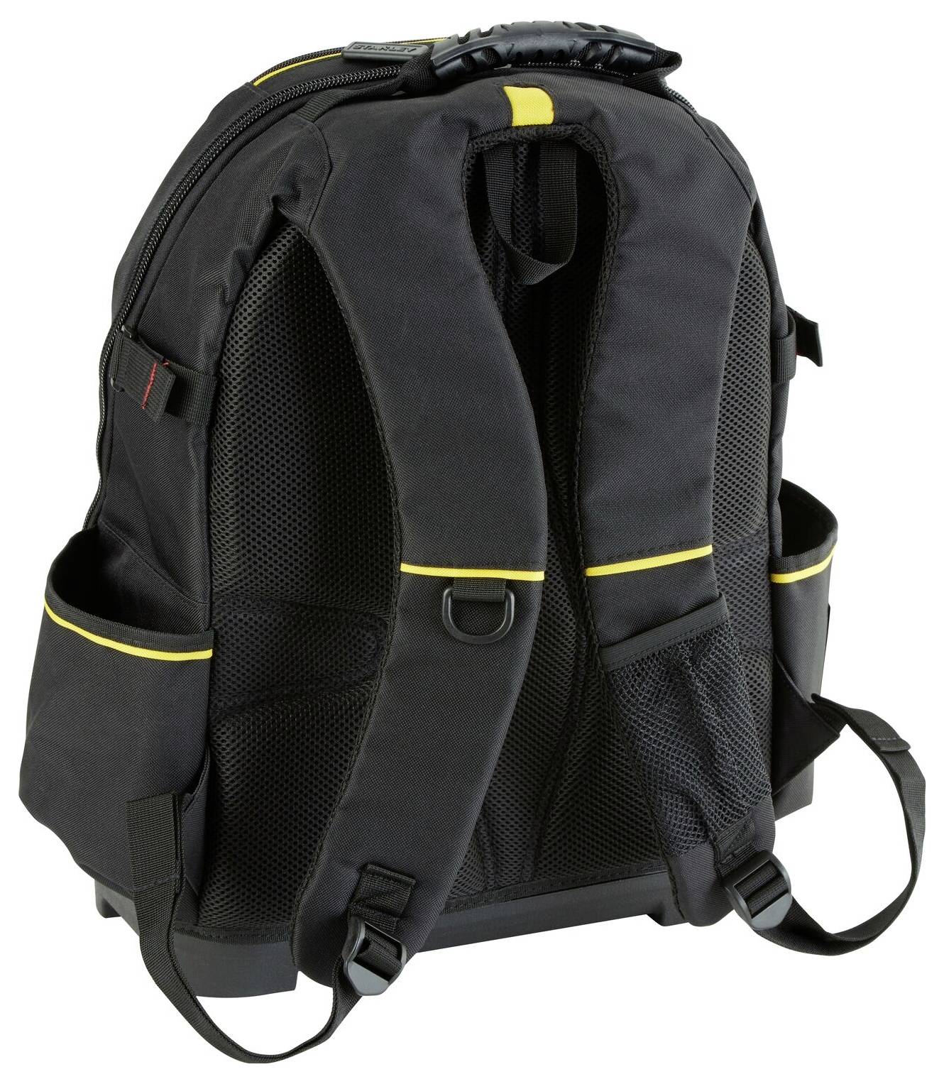 Un sac à dos noir avec des accents jaunes, montrant le dos et des sangles réglables. Adapté pour le transport d'objets.