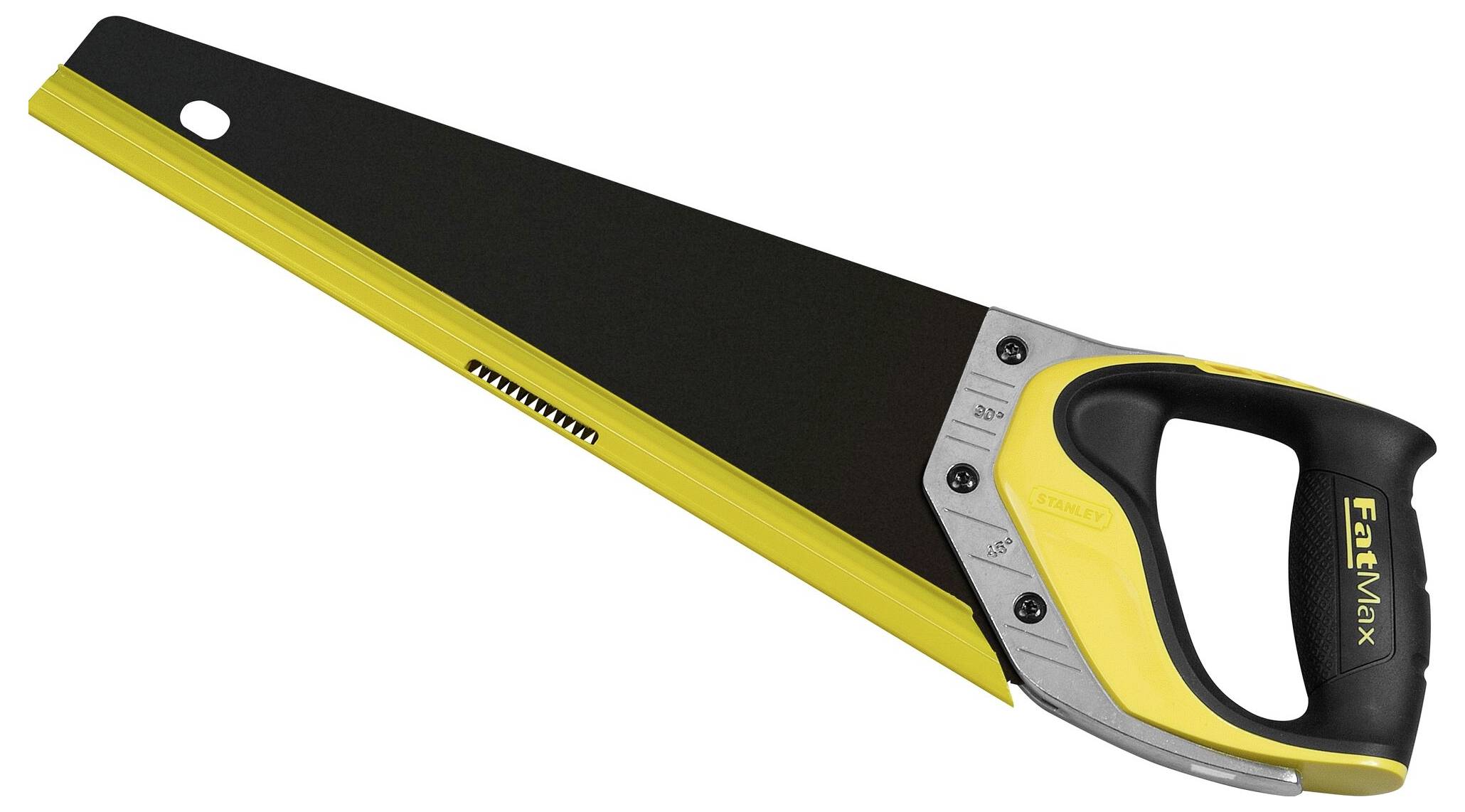 Scie à main avec lame de scie noire et poignée jaune, adaptée aux travaux sur bois.