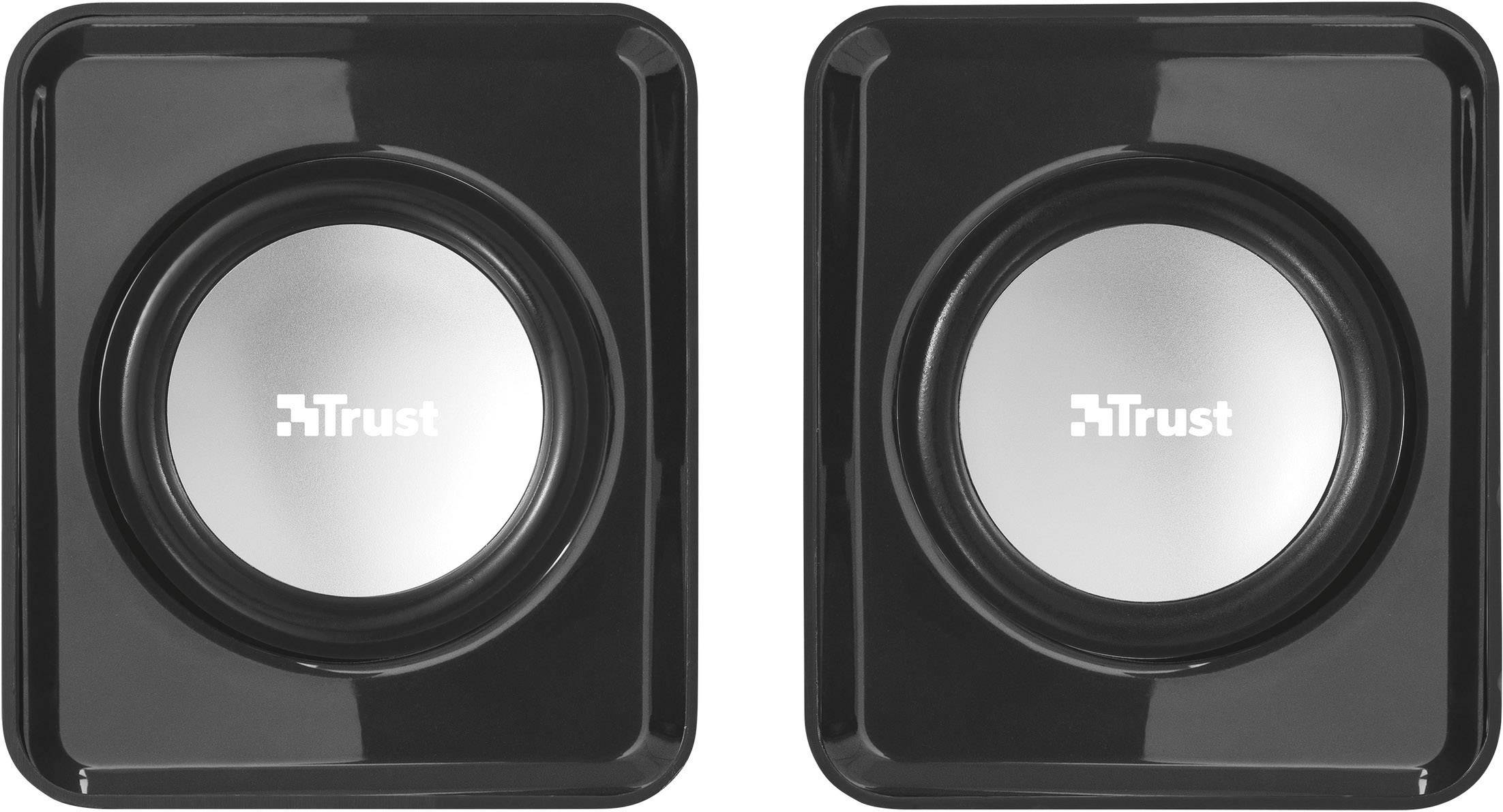Deux enceintes noires avec un panneau avant argenté, portant toutes deux le logo 'Trust'.