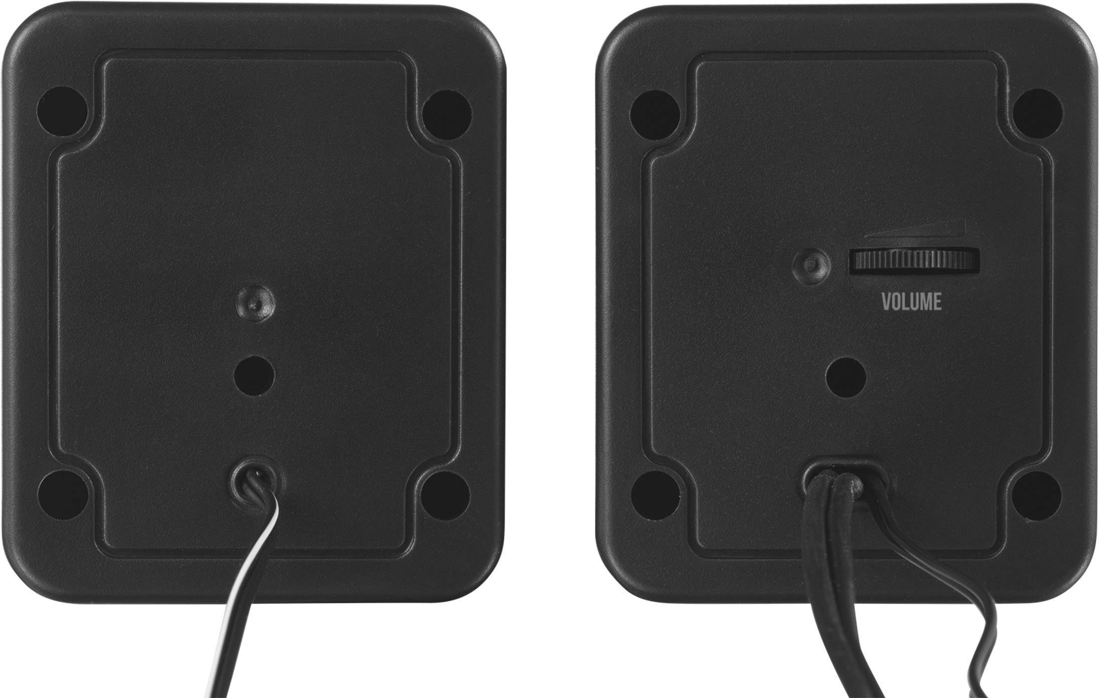 Deux faces arrières d'enceintes noires avec des câbles, l'une ayant un régulateur de volume portant l'inscription « VOLUME ».