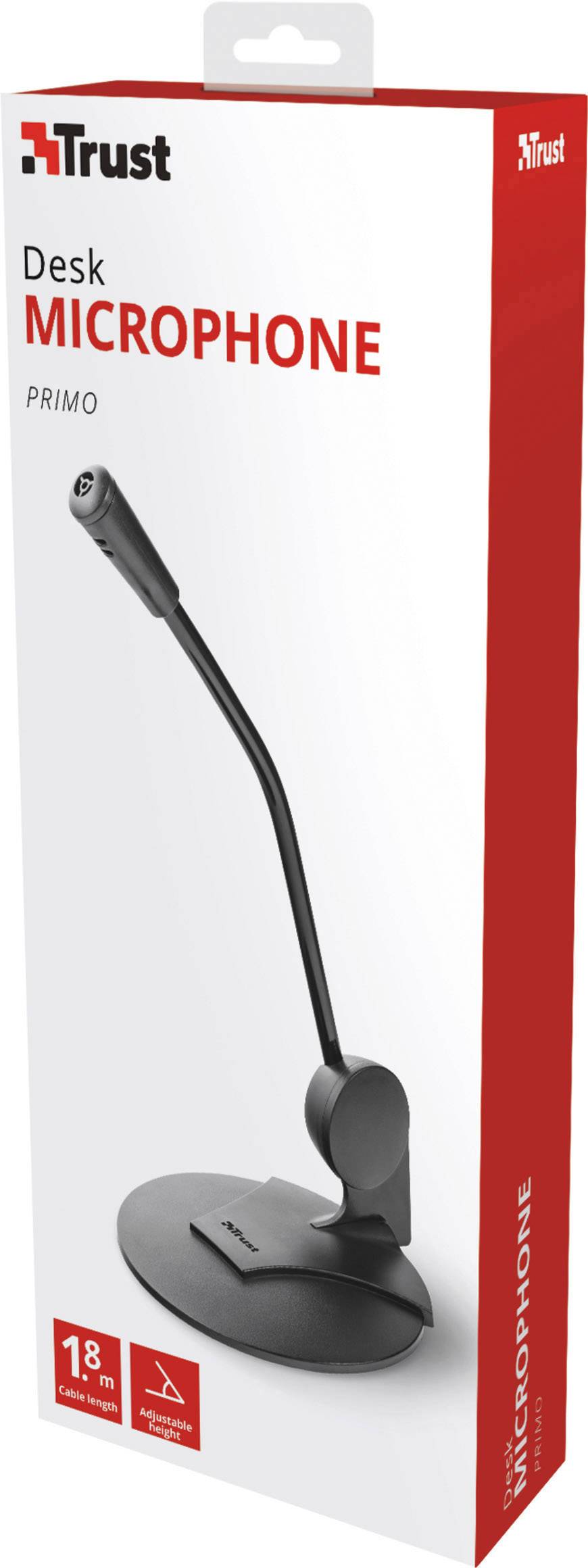 Emballage d'un microphone de table avec col de cygne long. Marque 'Trust', modèle 'Primo', garantie de 18 mois.