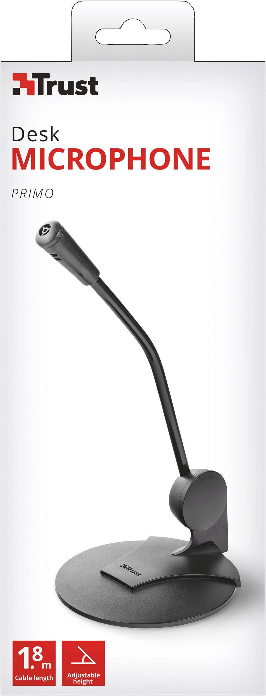 Microphone de table Trust, modèle Primo. Adapté au bureau avec un câble de 1,8 m et un col de cygne flexible.