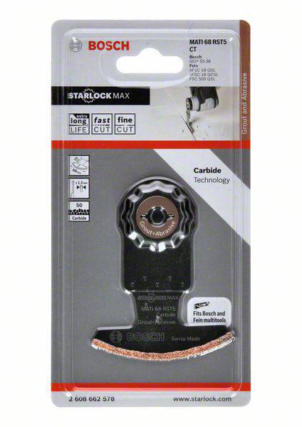 Un emballage de lame de scie Bosch Starlock Max avec technologie au carbure, adapté aux outils multifonctions Bosch et Fein, affiche des informations sur le modèle et la taille.