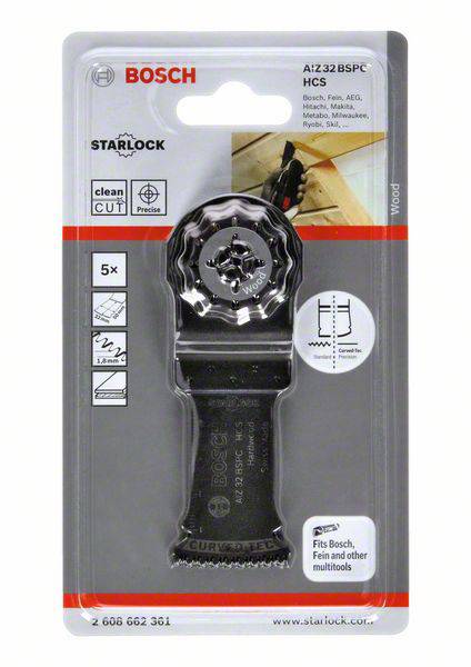 'Lame de scie Bosch Starlock AIZ 32 BSPC HCS pour bois, emballage avec illustration de la lame de scie et liste des outils compatibles.'