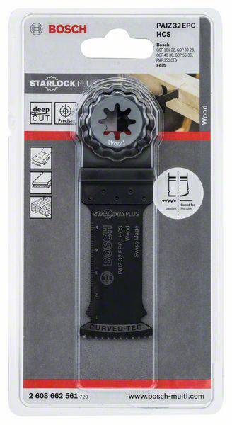 Emballage pour une lame de scie Bosch Starlock Plus PAIZ 32 EPC. Adaptée aux travaux sur bois, indiquant la compatibilité et la profondeur de coupe.