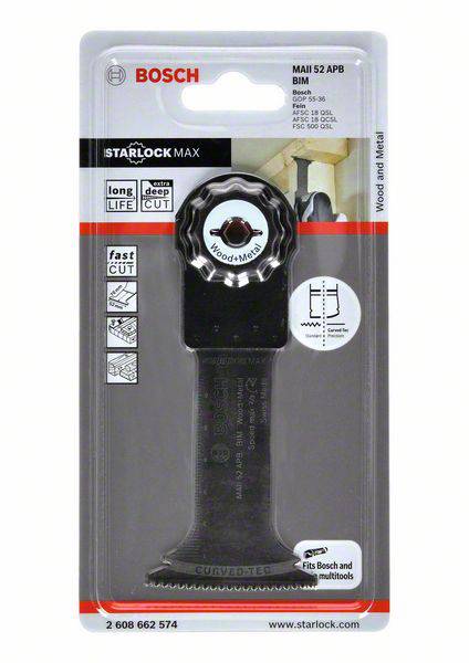 Lame de scie multifonction 'Bosch Starlock Max' pour bois et métal. Caractéristiques : durée de vie prolongée, coupe profonde, compatible avec Bosch et autres multitools.