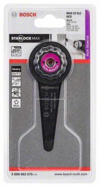 Emballage d'une lame Bosch Starlock Max MAII 32 SLC. Contient une lame de scie adaptée aux coupes intensives sur différents matériaux. Informations produit et symboles visibles.