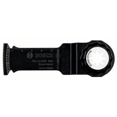 Lame de scie Bosch Starlock Plus pour bois et métal ; noire, avec échelle de mesure et bord dentelé courbé.