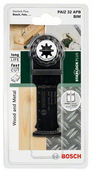 Lame de scie Bosch pour bois et métal. L'image du produit montre une lame allongée et dentelée avec un raccord "Starlock Plus".