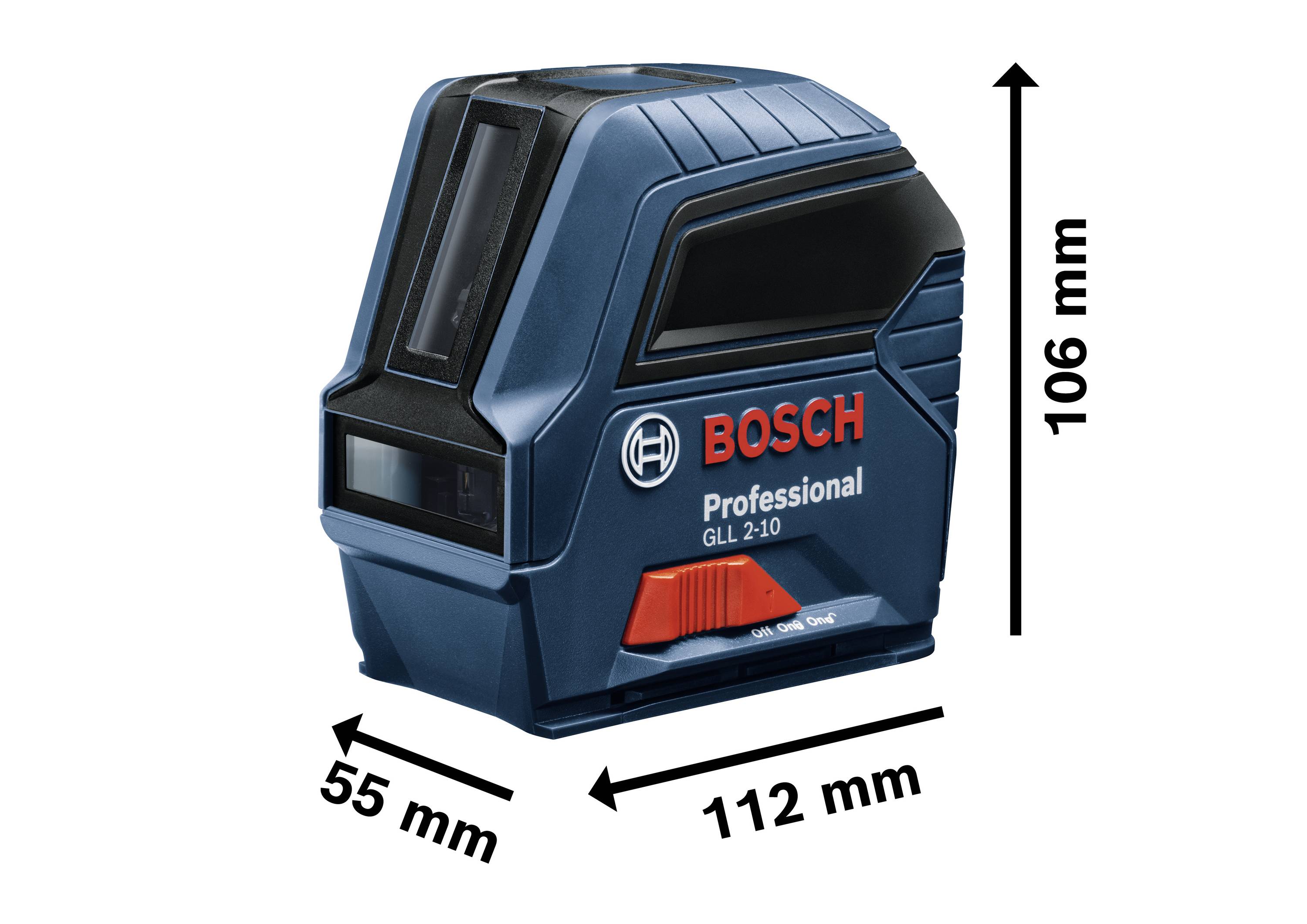 Un télémètre laser Bosch, modèle GLL 2-10, en bleu, mesurant 106 mm de hauteur, 112 mm de largeur et 55 mm de profondeur.