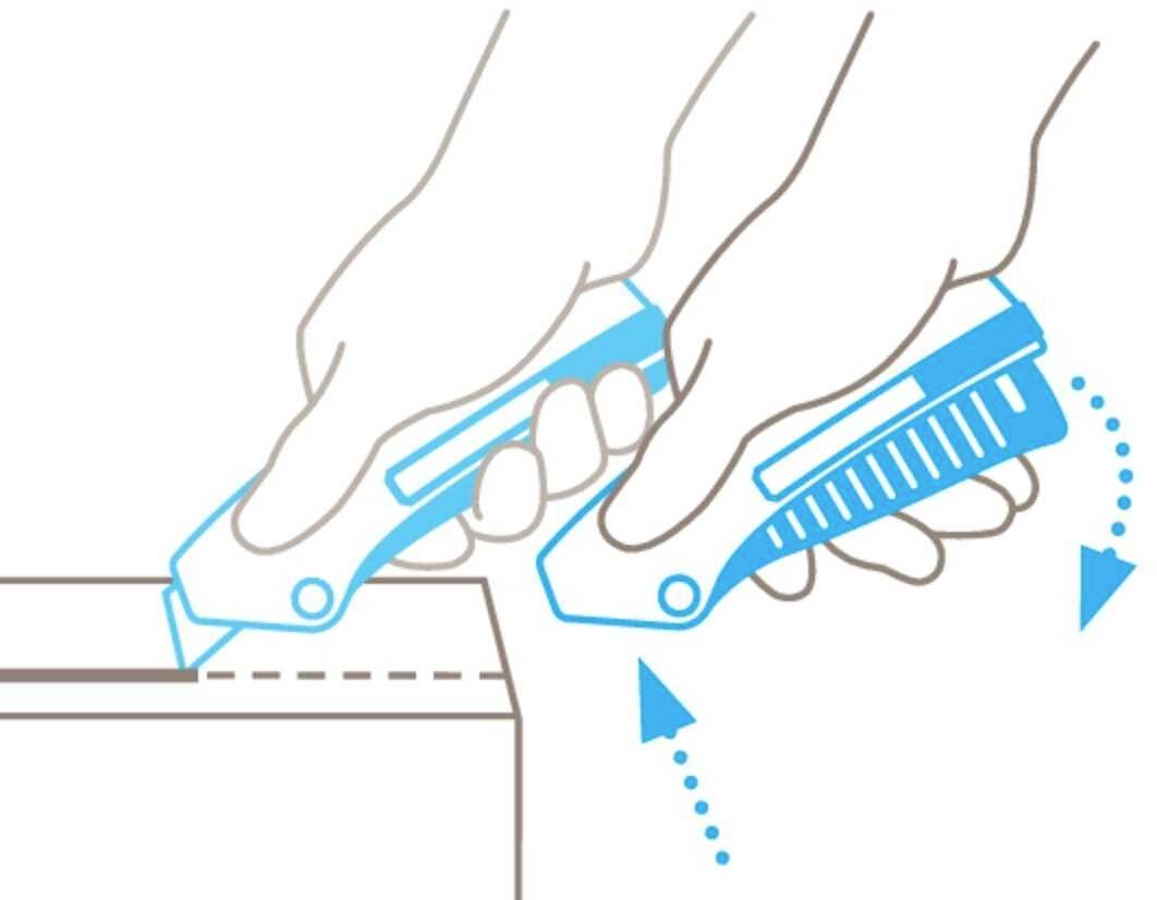 Un graphique montre comment ouvrir une boîte en toute sécurité avec un cutter. Deux mains tiennent le couteau pendant qu'il coupe le long d'une ligne.