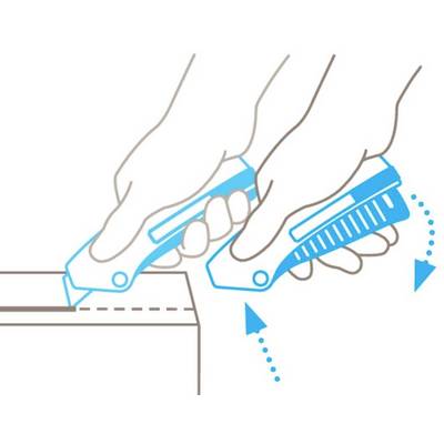 Un graphique montre comment ouvrir une boîte en toute sécurité avec un cutter. Deux mains tiennent le couteau pendant qu'il coupe le long d'une ligne.