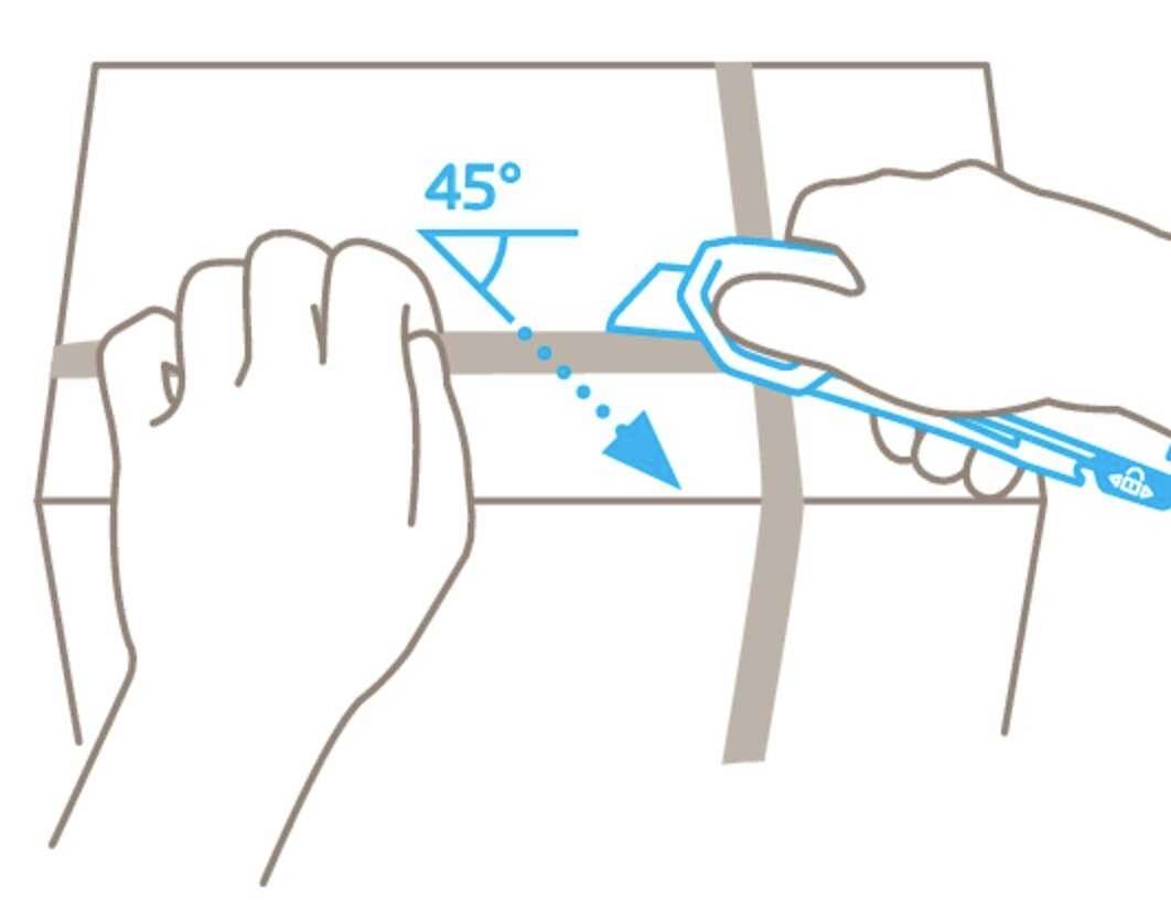 L'illustration montre deux mains, l'une tenant un cutter qui coupe le long d'une ligne selon un angle de 45 degrés.